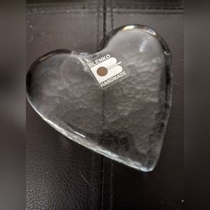 Blenko #902 Crystal Heart Shaped Glass Paperweight with Label